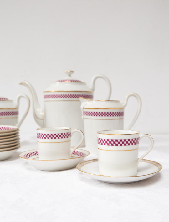 Juego de café Limoges PARA 12 damero berenjena c. 1920-30s (27 PIEZAS)