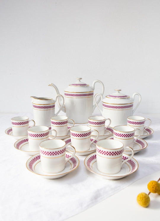 Juego de café Limoges PARA 12 damero berenjena c. 1920-30s (27 PIEZAS)