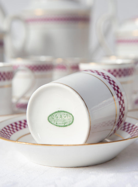 Juego de café Limoges PARA 12 damero berenjena c. 1920-30s (27 PIEZAS)