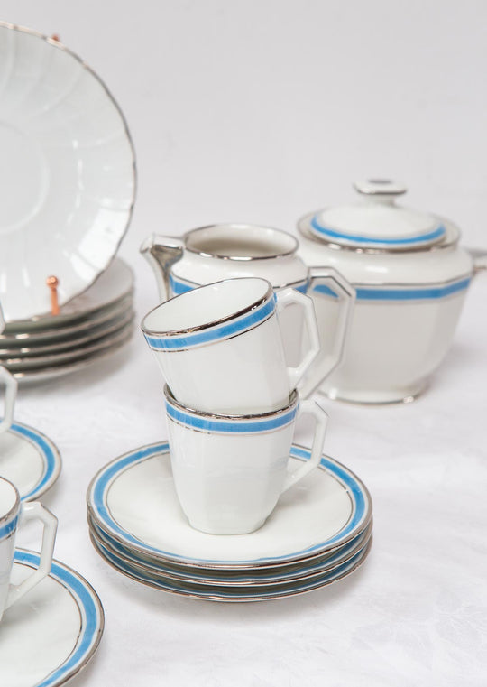 Juego de café PARA 6 porcelana Limoges Bernardaud art decó azul c. 1930s (18 PIEZAS)