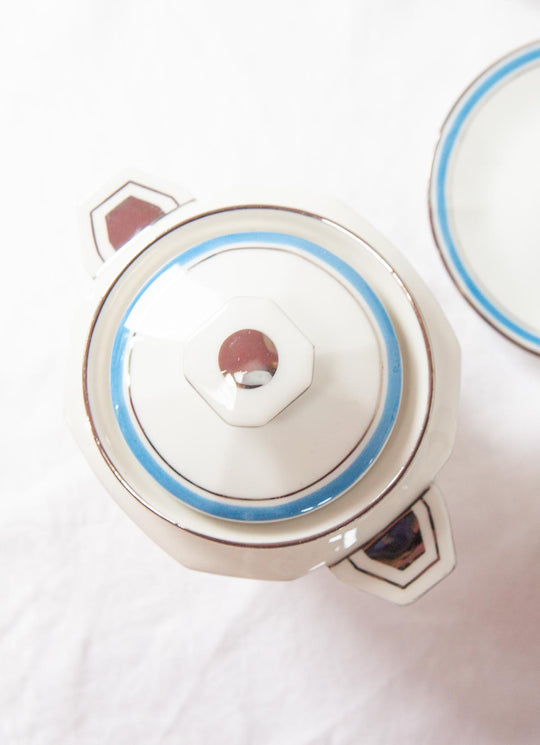 Juego de café PARA 6 porcelana Limoges Bernardaud art decó azul c. 1930s (18 PIEZAS)