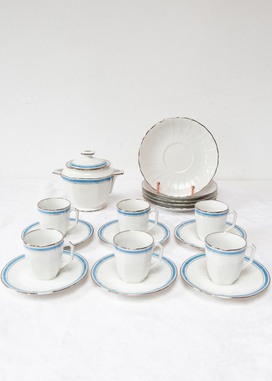 Juego de café PARA 6 porcelana Limoges Bernardaud art decó azul c. 1930s (18 PIEZAS)