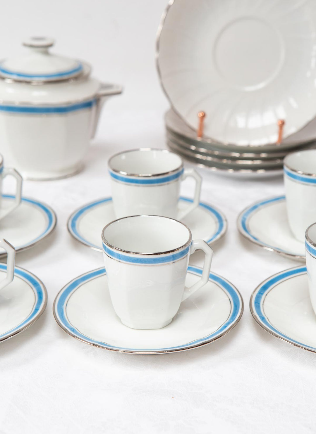 Juego de café PARA 6 porcelana Limoges Bernardaud art decó azul c. 1930s (18 PIEZAS)