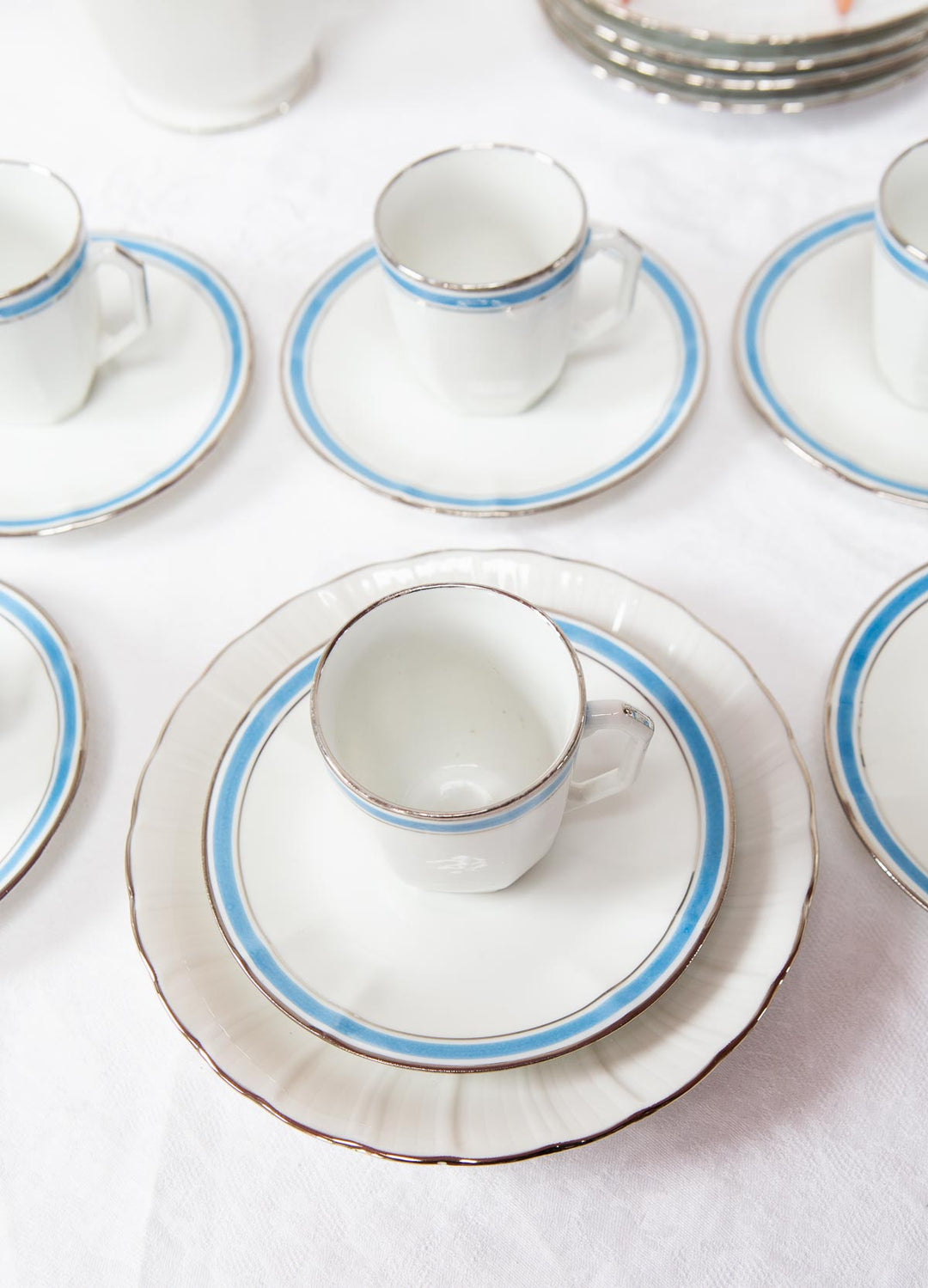 Juego de café PARA 6 porcelana Limoges Bernardaud art decó azul c. 1930s (18 PIEZAS)