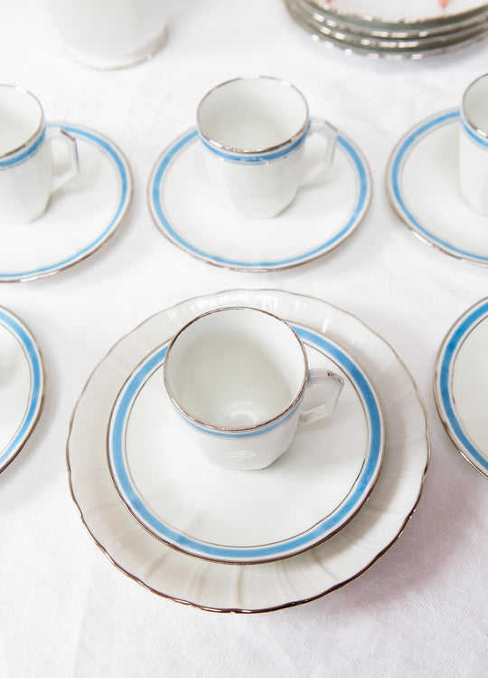 Juego de café PARA 6 porcelana Limoges Bernardaud art decó azul c. 1930s (18 PIEZAS)