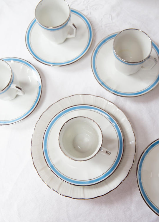 Juego de café PARA 6 porcelana Limoges Bernardaud art decó azul c. 1930s (18 PIEZAS)