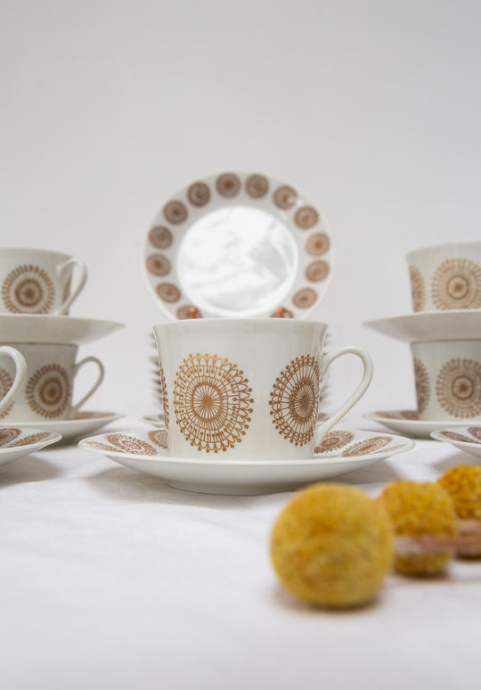 Juegos de café y postre noruegos Porsgrunds oro fino 1969 (8 DISPONIBLES)