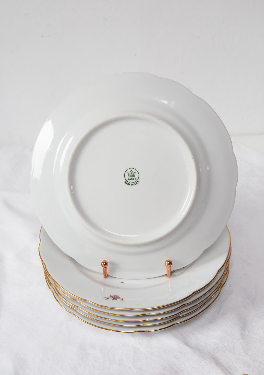 Juego 6 platos llanos porcelana alemana Kahla G.D.R "ave paraíso"