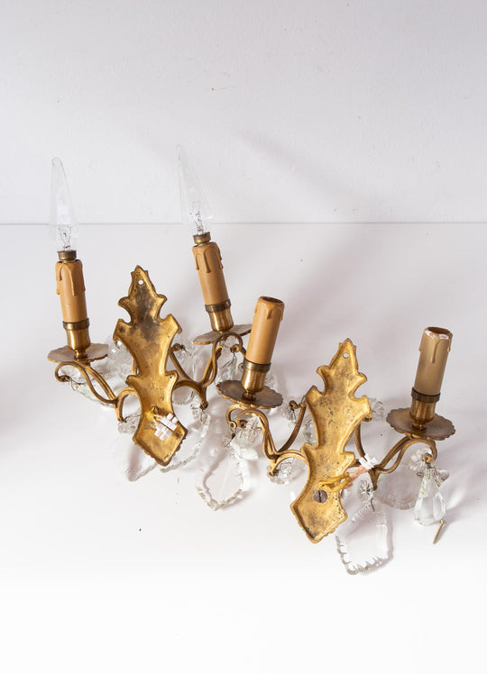 Pareja antiguos apliques franceses bronce dorado y cristales c. 1950