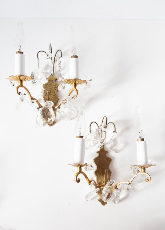 Pareja antiguos apliques franceses latón y cristales c. 1960