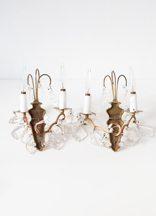 Pareja antiguos apliques franceses latón y cristales c. 1960