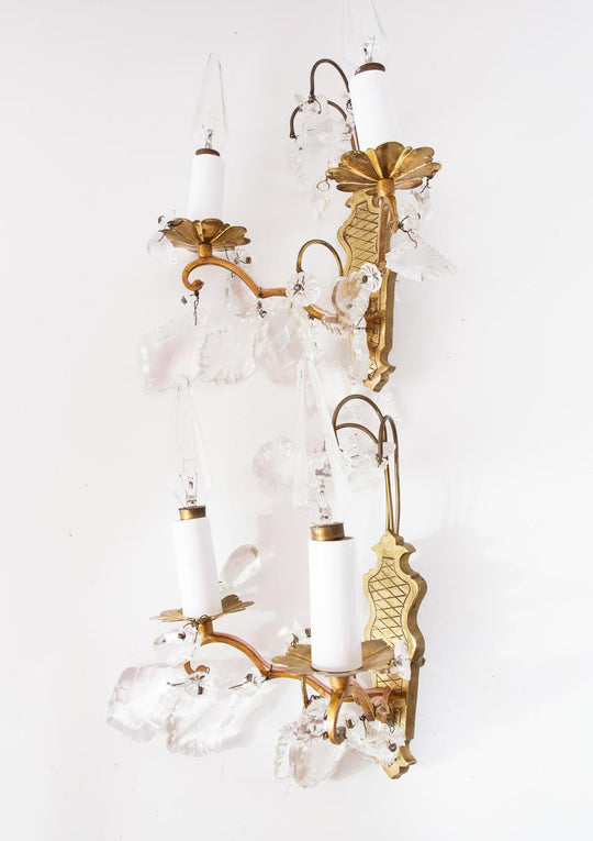 Pareja antiguos apliques franceses latón y cristales c. 1960