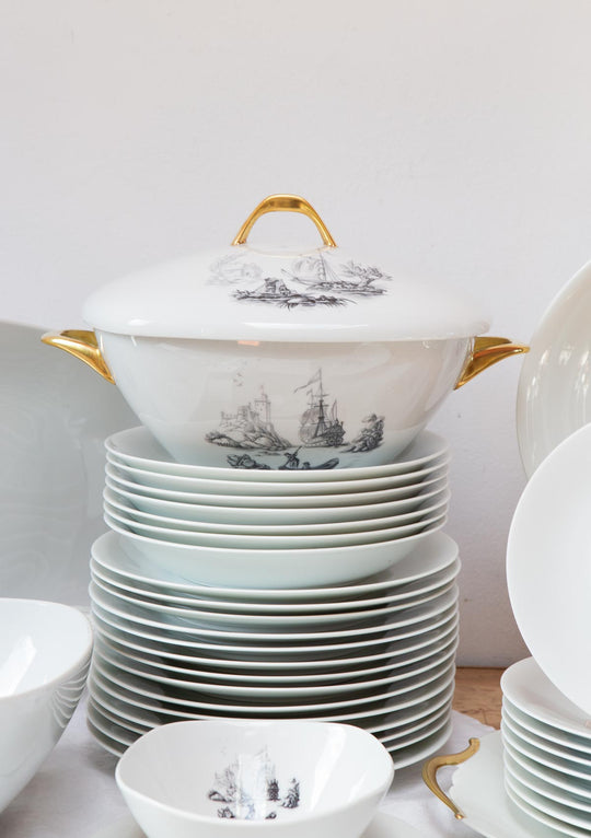 Vajilla francesa porcelana Limoges Raynaud "marinas grisalla" c. 1960s (38 PIEZAS)