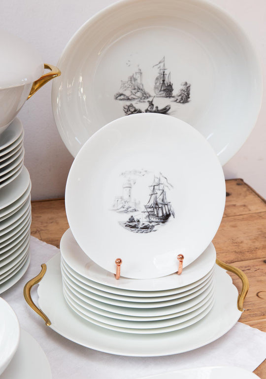 Vajilla francesa porcelana Limoges Raynaud "marinas grisalla" c. 1960s (38 PIEZAS)