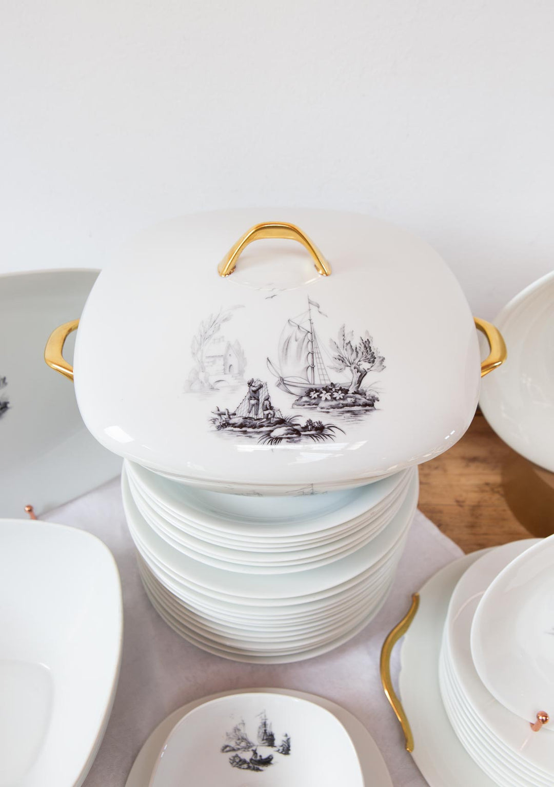 Vajilla francesa porcelana Limoges Raynaud "marinas grisalla" c. 1960s (38 PIEZAS)