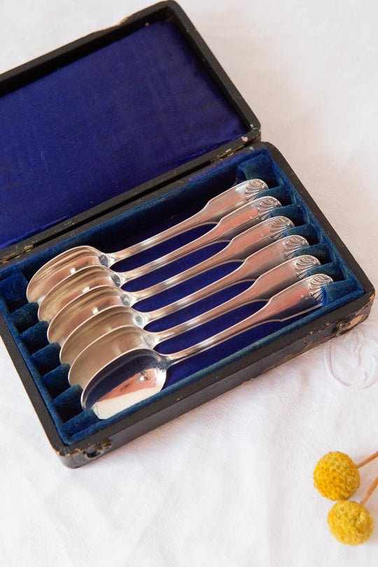 Juego de 6 cucharillas francesas metal argenté Apollo "coquille" en estuche