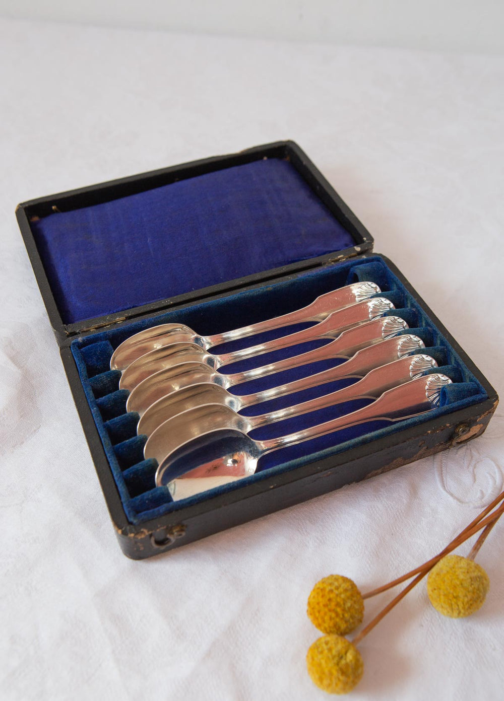 Juego de 6 cucharillas francesas metal argenté Apollo "coquille" en estuche