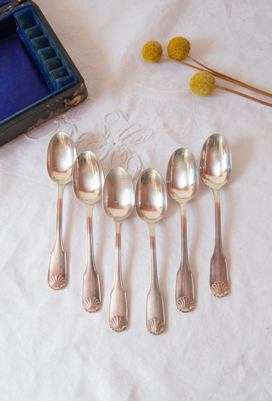 Juego de 6 cucharillas francesas metal argenté Apollo "coquille" en estuche