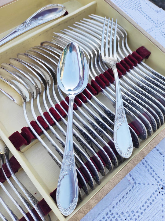 Cubertería francesa para 12 metal baño plata 100 APOLLO en estuche (49 PIEZAS)