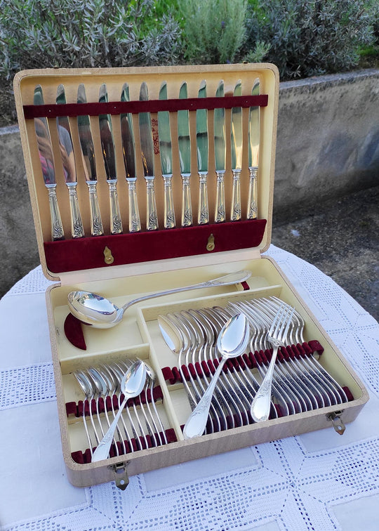 Cubertería francesa para 12 metal baño plata 100 APOLLO en estuche (49 PIEZAS)