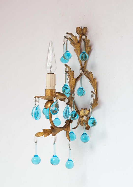 Aplique italiano hierro dorado y cristales azul turquesa c. 1960 (42 cm)
