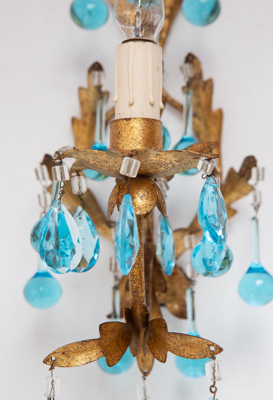 Aplique italiano hierro dorado y cristales azul turquesa c. 1960 (42 cm)