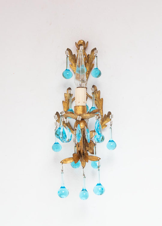 Aplique italiano hierro dorado y cristales azul turquesa c. 1960 (42 cm)