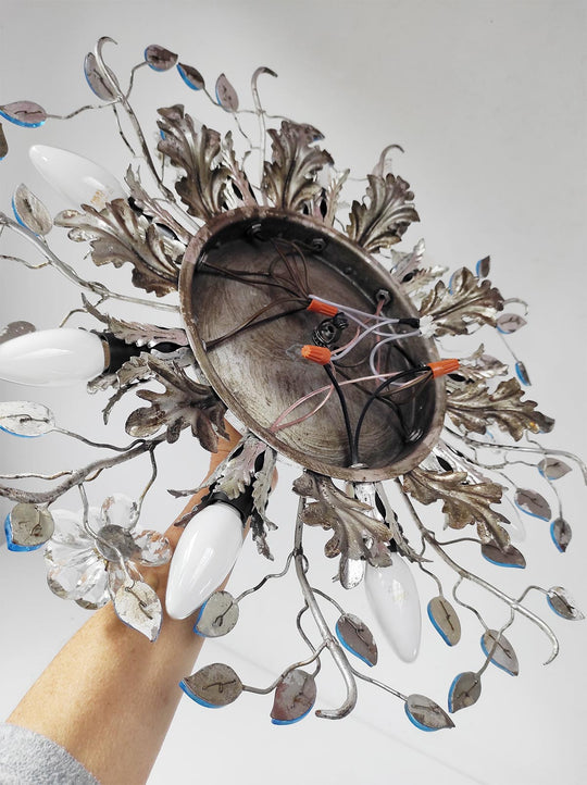 Gran plafón italiano Banci Firenze hierro plateado y hojas cristal azul (⌀ 60 cm)