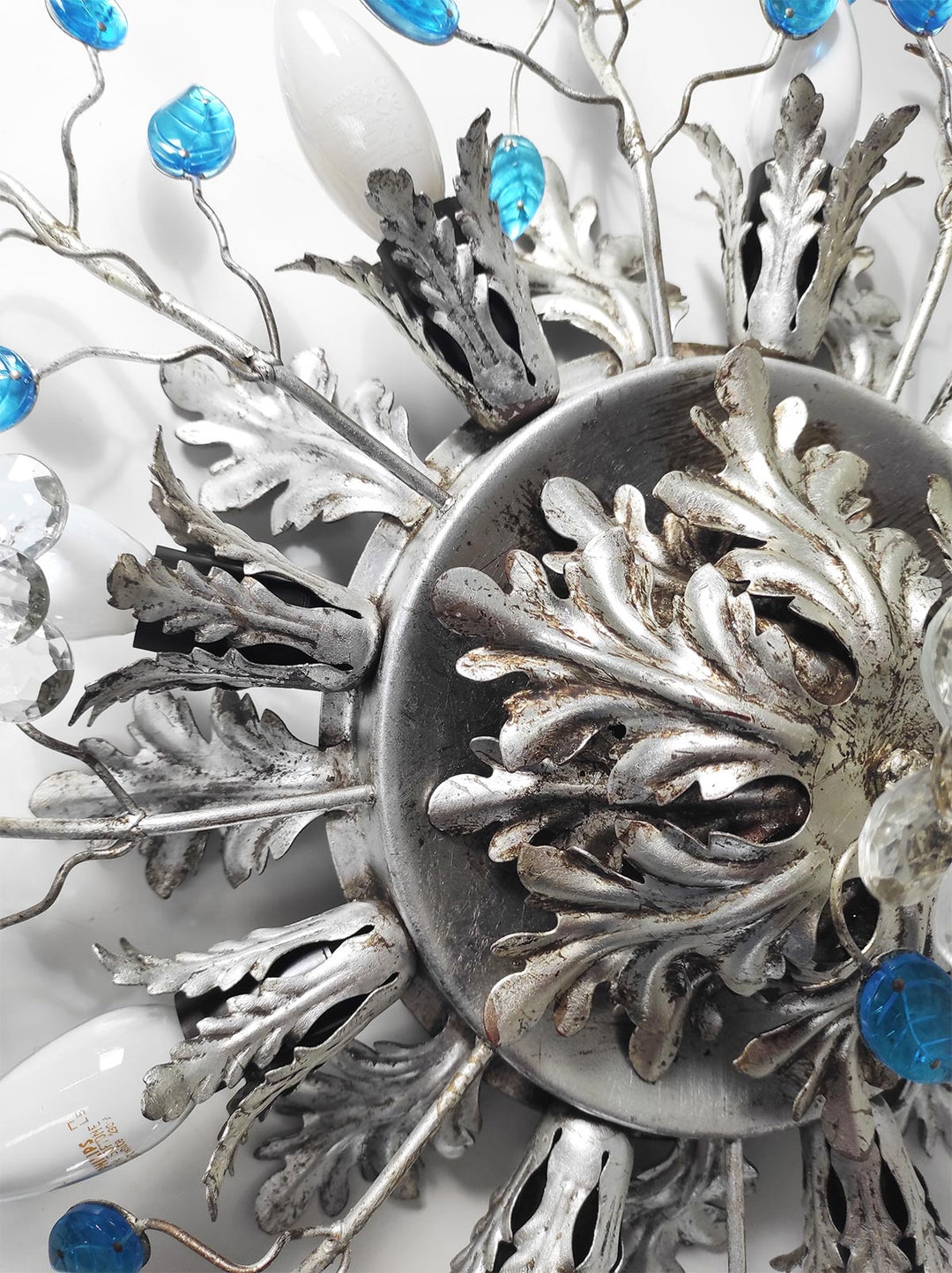 Gran plafón italiano Banci Firenze hierro plateado y hojas cristal azul (⌀ 60 cm)