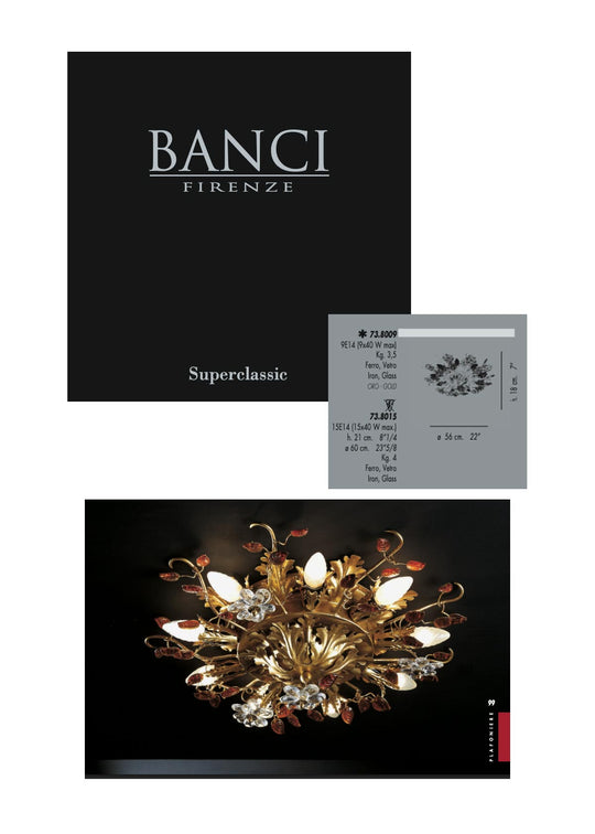 Gran plafón italiano Banci Firenze hierro plateado y hojas cristal azul (⌀ 60 cm)