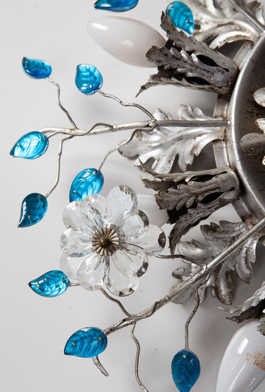 Gran plafón italiano Banci Firenze hierro plateado y hojas cristal azul (⌀ 60 cm)