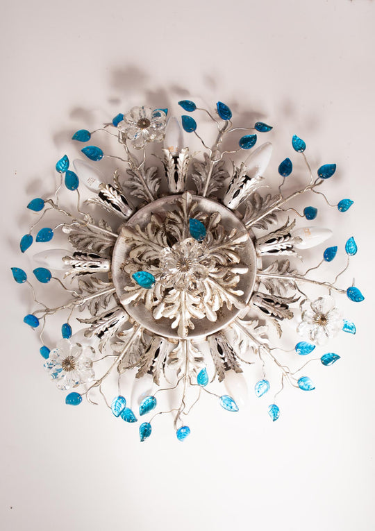 Gran plafón italiano Banci Firenze hierro plateado y hojas cristal azul (⌀ 60 cm)