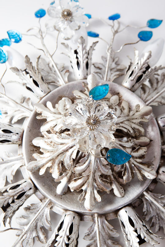 Gran plafón italiano Banci Firenze hierro plateado y hojas cristal azul (⌀ 60 cm)