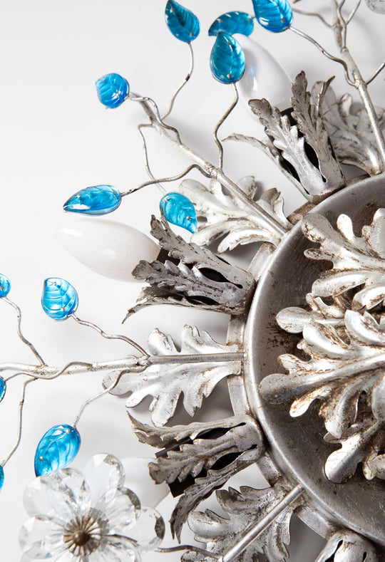 Gran plafón italiano Banci Firenze hierro plateado y hojas cristal azul (⌀ 60 cm)