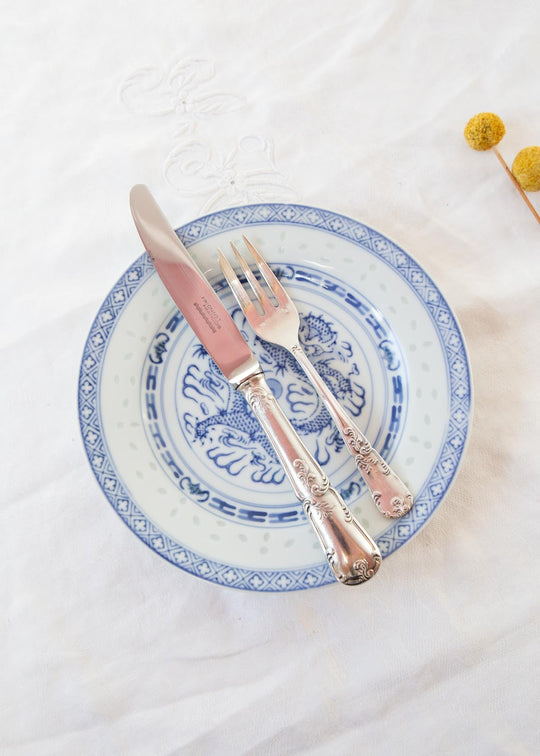 Juego 5 platos POSTRE porcelana china "grano de arroz" azul y blanca (18 cm)