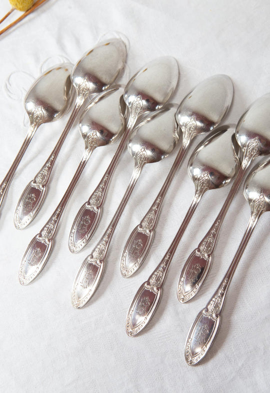 Juego 9 cucharas POSTRE ERCUIS EMPIRE c. 1940 monogramas E.R.