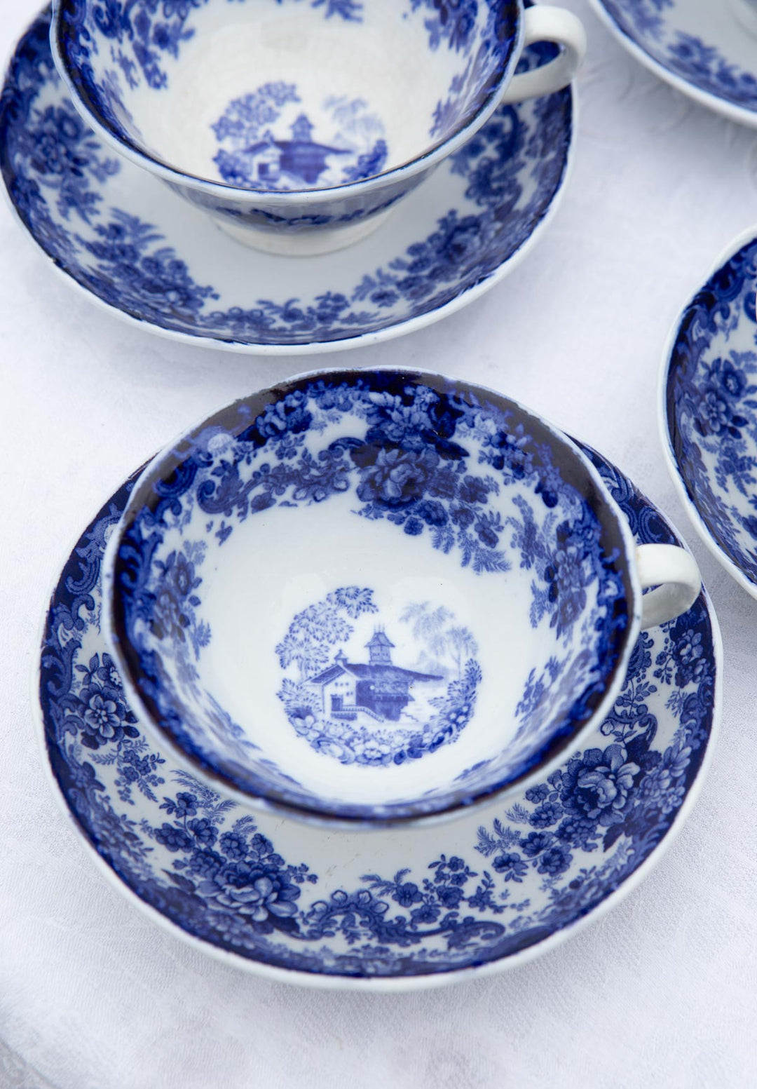Antiguo juego de té inglés GENEVESE para 6 en loza azul y blanco, MINTONS 1891-1912 (15 PIEZAS)