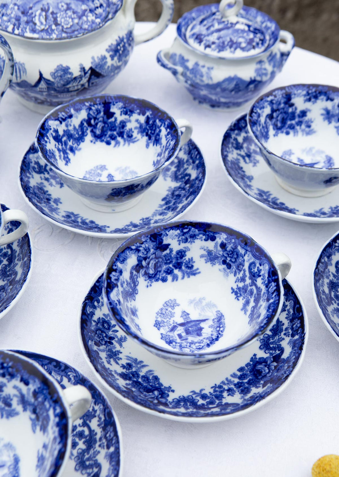 Antiguo juego de té inglés GENEVESE para 6 en loza azul y blanco, MINTONS 1891-1912 (15 PIEZAS)