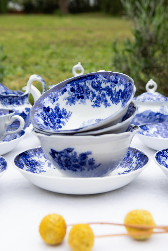 Antiguo juego de té inglés GENEVESE para 6 en loza azul y blanco, MINTONS 1891-1912 (15 PIEZAS)
