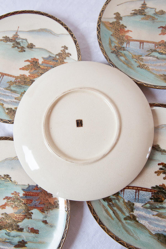 Juego platos postre 19 cm cerámica japonesa Satsuma pintados a mano c. 1900