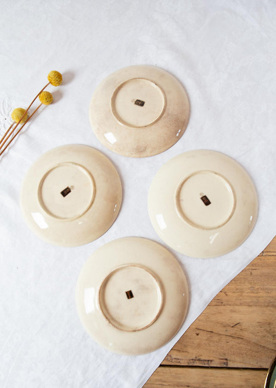 Juego 4 platillos bajo taza cerámica japonesa Satsuma pintados a mano c. 1900