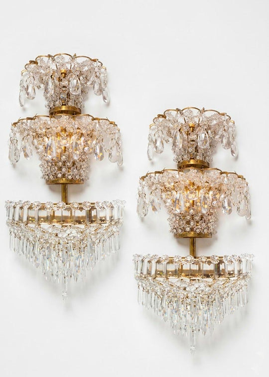 Pareja antiguos apliques franceses latón y cristales c. 1940s (57 cm)