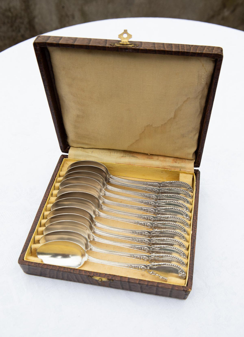 Juego de 12 cucharillas francesas estilo Imperio metal baño plata en estuche