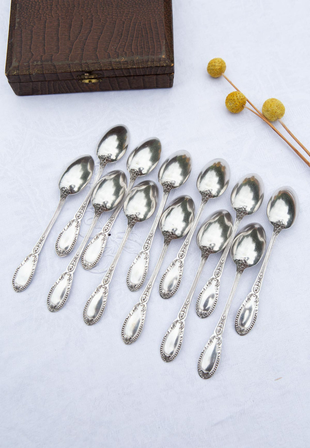 Juego de 12 cucharillas francesas estilo Imperio metal baño plata en estuche