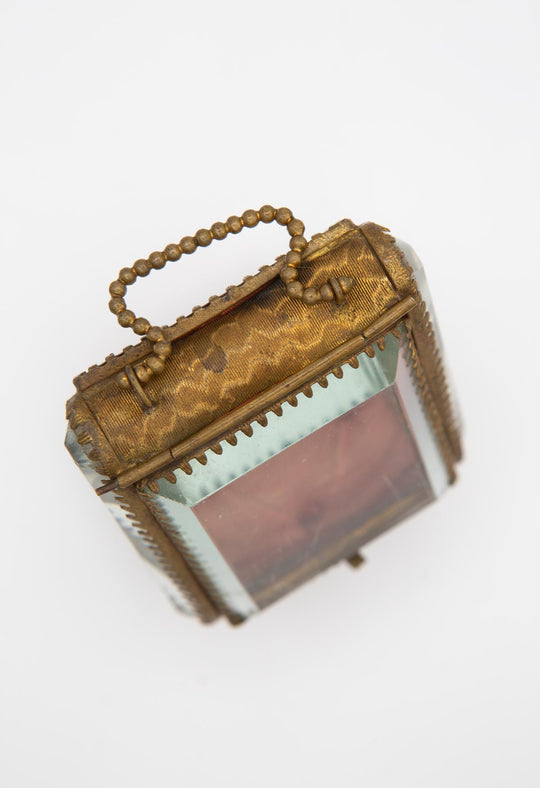 Antiguo y pequeño joyero francés c. 1900 latón y cristal (9,5 cm)