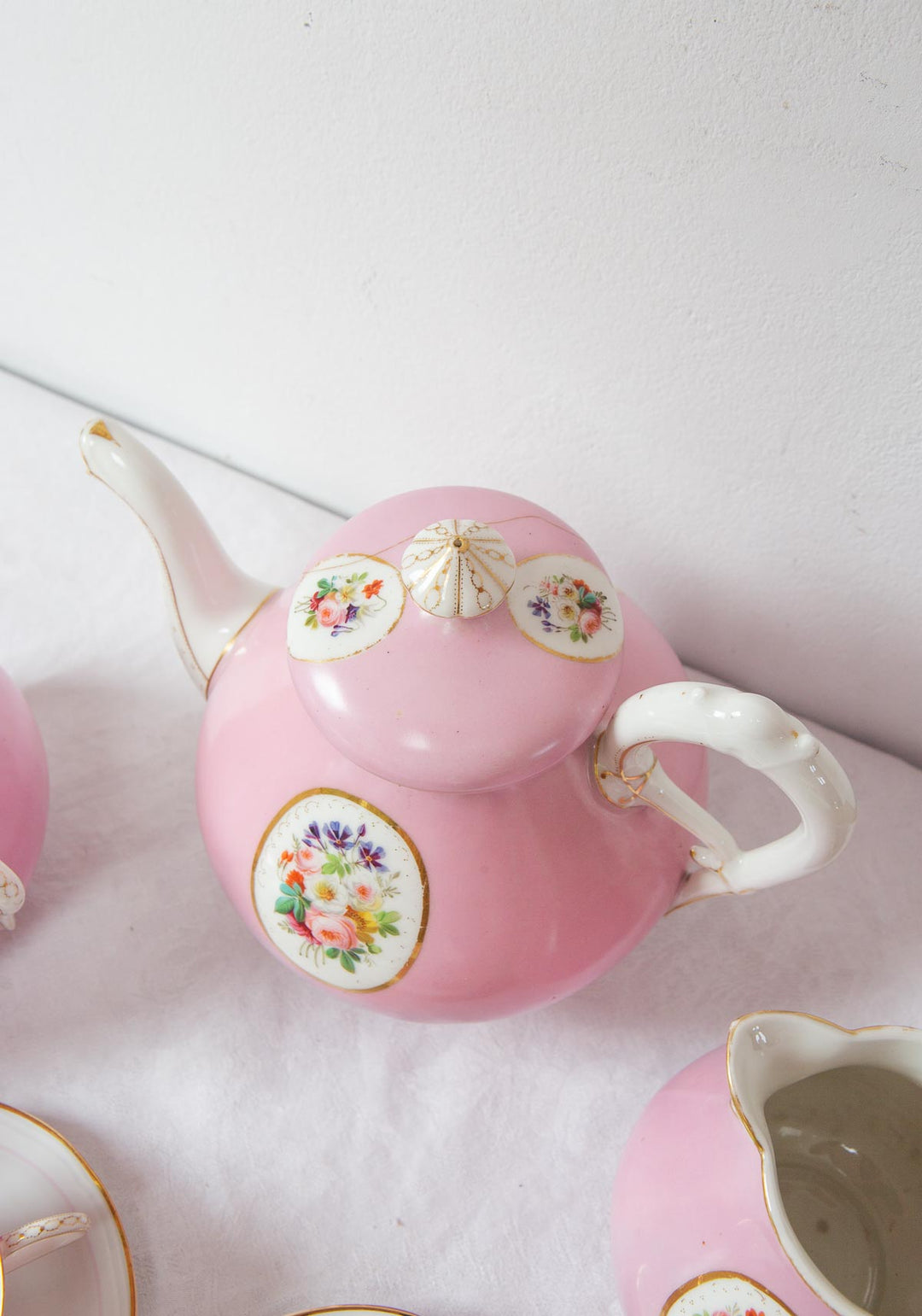 Juego de té PARA 11 porcelana rosa medallón Vieux Paris c. 1900s (25 PIEZAS)