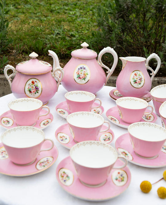 Juego de té PARA 11 porcelana rosa medallón Vieux Paris c. 1900s (25 PIEZAS)