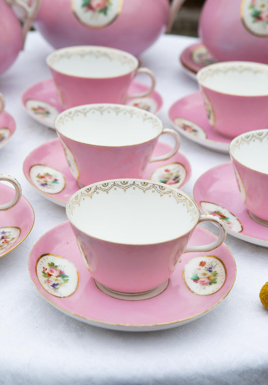 Juego de té PARA 11 porcelana rosa medallón Vieux Paris c. 1900s (25 PIEZAS)