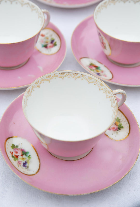 Juego de té PARA 11 porcelana rosa medallón Vieux Paris c. 1900s (25 PIEZAS)
