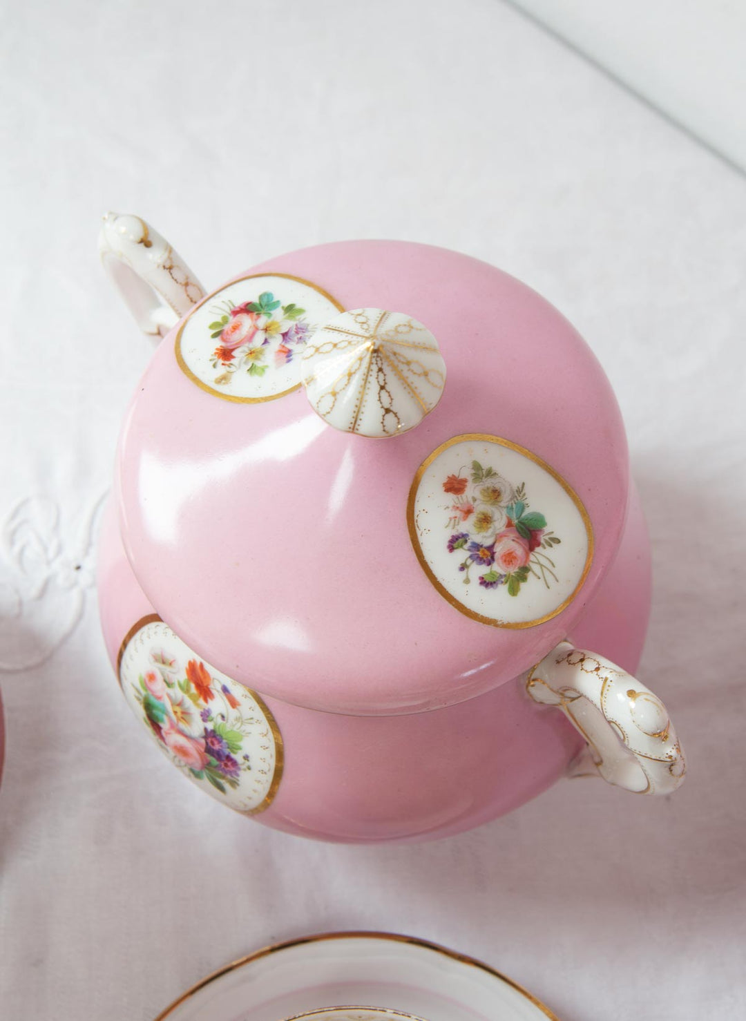 Juego de té PARA 11 porcelana rosa medallón Vieux Paris c. 1900s (25 PIEZAS)